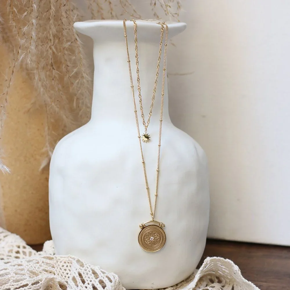 NEW 18K Gold Plated Vintage Diamond Coin Star Double Layer Necklace